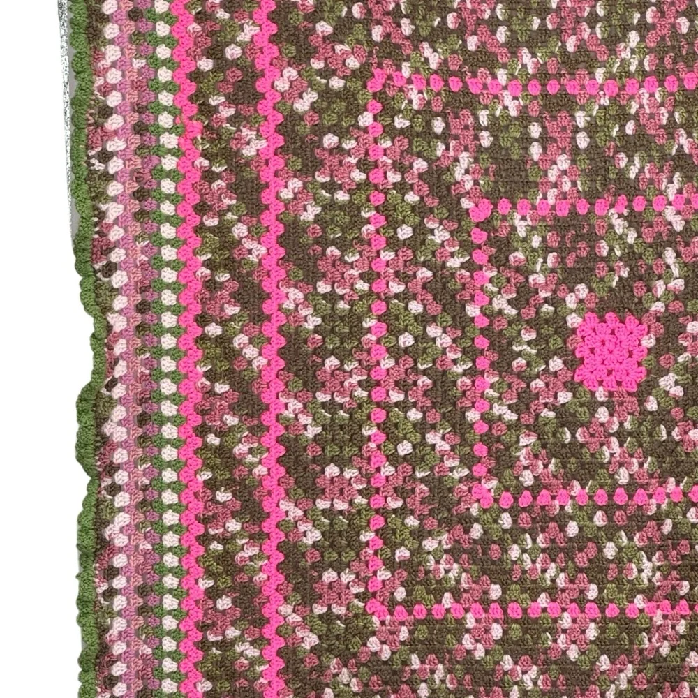 *Beautiful Hand Made Crocheted Blanket/Throw in Greens and Pinks.